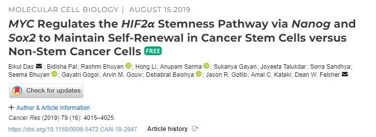 external link to the publication: MYC Regulates the HIF2α Stemness Pathway via Nanog and Sox2 to Maintain Self-Renewal in Cancer Stem Cells versus Non-Stem Cancer Cells